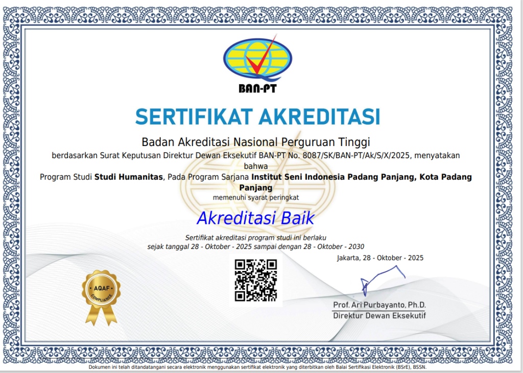 Prodi Studi Humanitas ISI Padangpanjang Raih Akreditasi “Baik” dari BAN-PT